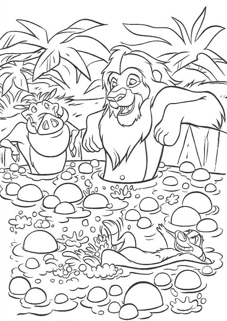 kolorowanka Król Lew Disney - dorosły Simba, Timon i Pumba biorą błotną kąpiel, dla dzieci malowanka do wydruku numer 55
